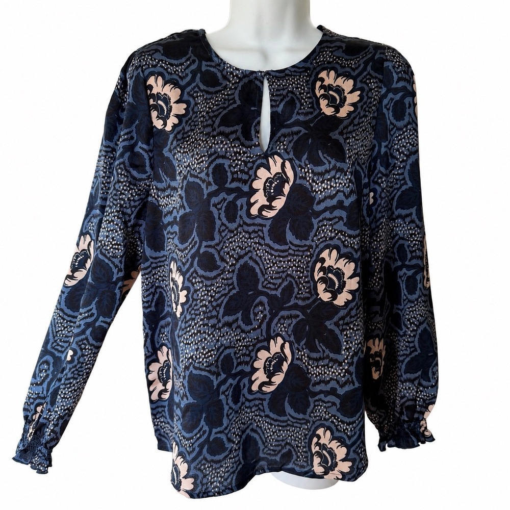 Ted Baker London Navy Blue Floral Keyhole Blouse Smocked Ruffle Cuff Small